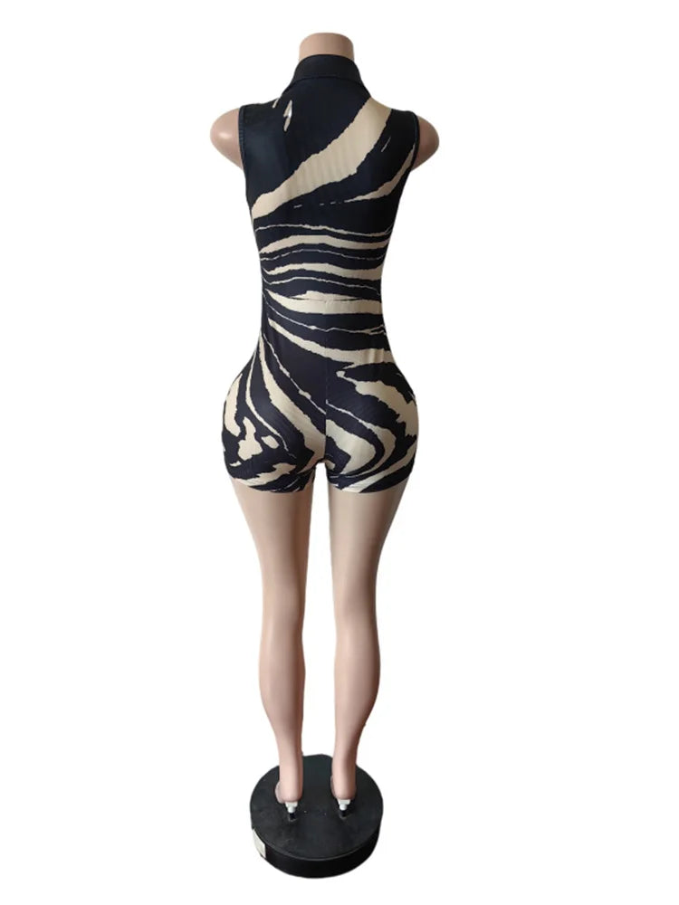 Contrast Patchwork Playsuits Women Polo-Neck Zip Sleevelesss Skinny Peach Hip Hottie Street Fashion Wild Style Romper