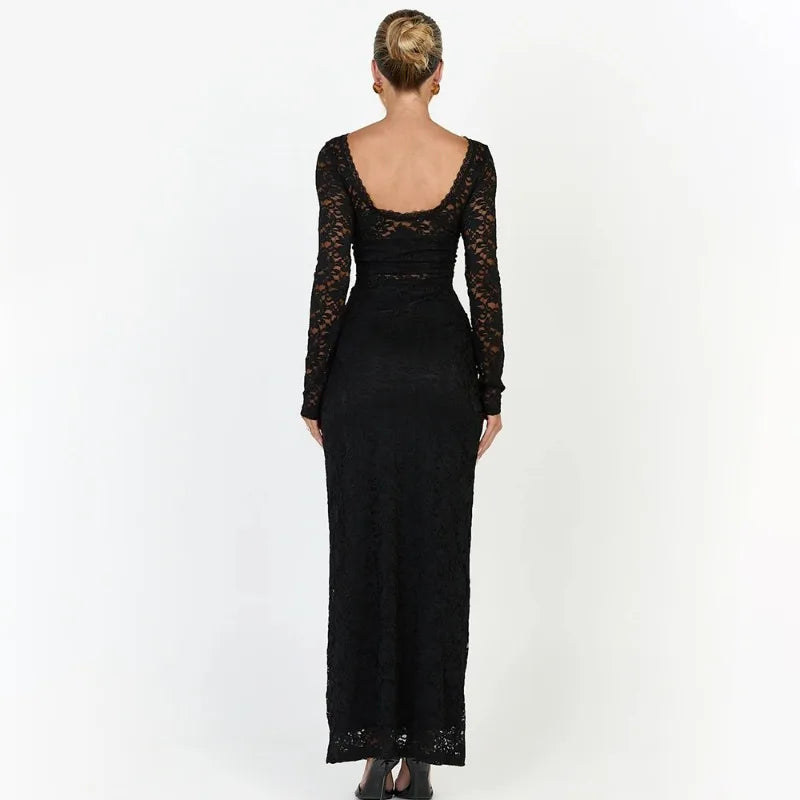 Long Sleeve Backless Maxi Dress See Through Lace Elegant Black Dresses for Woman Evening Gowns Fall 2026