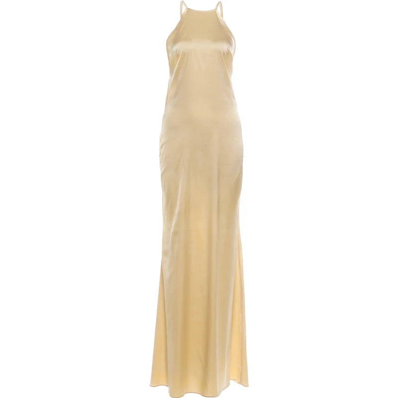 Backless Halter Satin Dress Women Metal Buckle Elegant Patchwork Sleeveless Fashion Classic Evening Party Boducon