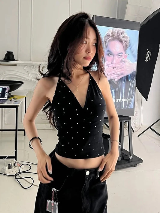 Polka Dot Print Tank Tops Women V-Neck Halter Lace-Up Backless Sleeveless Skinny Sexy Daily Street Summer Basic Vest