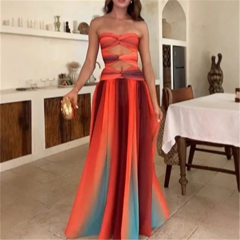 Women Summer Striped Tie-dye Color Twisted Texture Hollow Out Backless Strapless A-line Tube Long Dress Party Clubwear