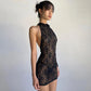 Floral Lace Mesh See Through Black Sexy Dress Y2k Club Outfits Halter Backless Mini Dresses for Women