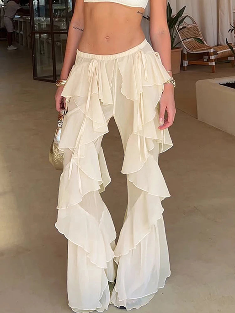 Summer Irregular Tierred Flare Pants Women Y2K Patchwork See Through Hipster Wild Basic Street Trend Classic Trousers