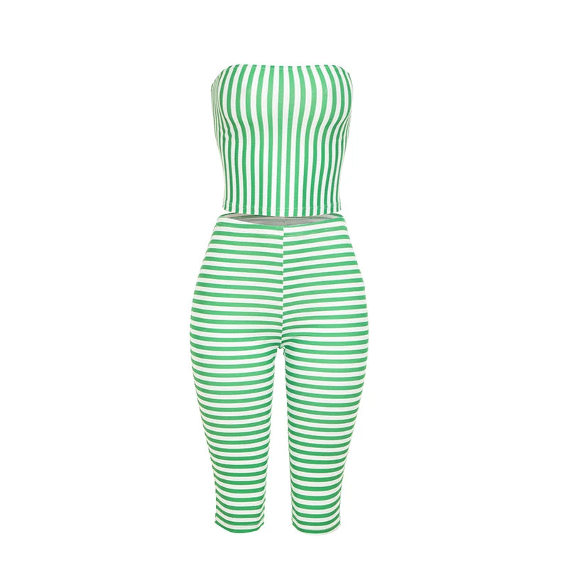 Stripe Print 2 Piece Set Woman Summer Trend Wrap Chest Backless Tank Tops+Skinny Crop Pants Sexy Fashion Style Suits