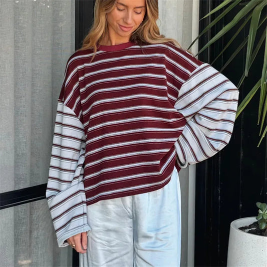 Women Patchwork Striped Long Sleeve T‑Shirt Crew Neck Oversized Drop Shoulder Cropped Loose Casual Street Top