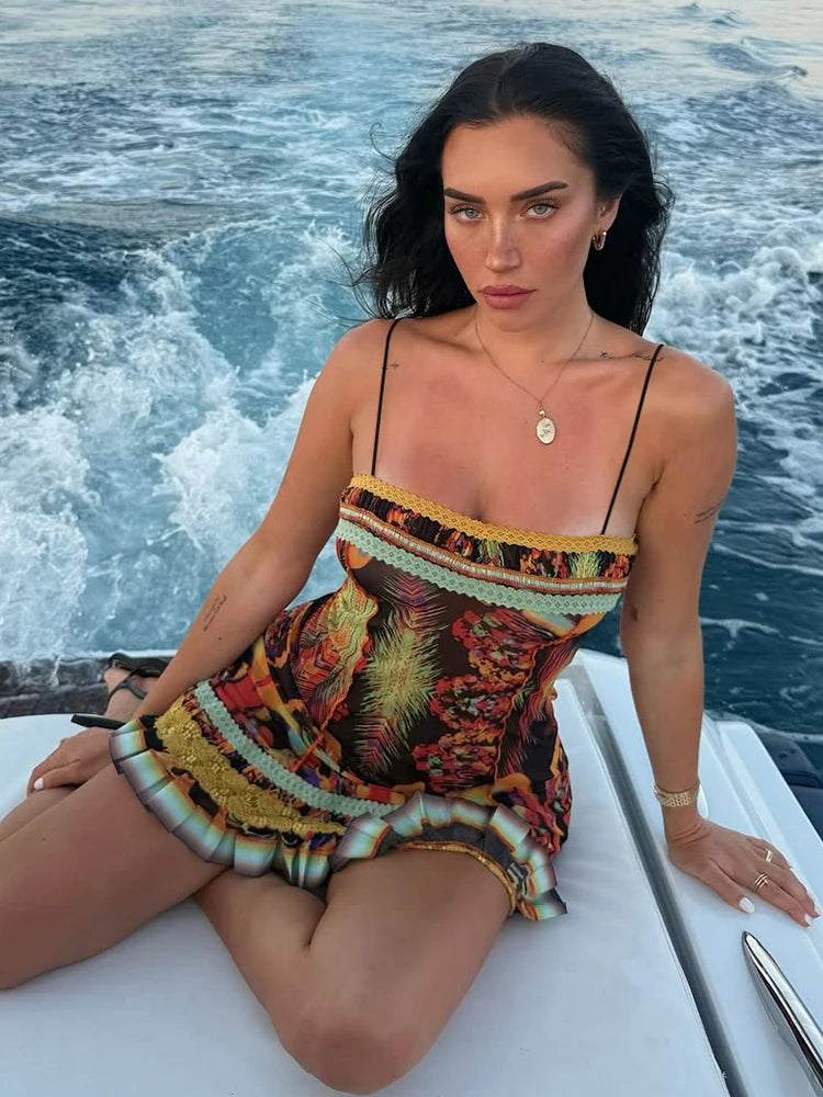 Sexy Slip Dress Women Lace Patchwork Irregular Print Ruched Colorful Beach Vacation Stretch Slim Hottie Mini Bodycon