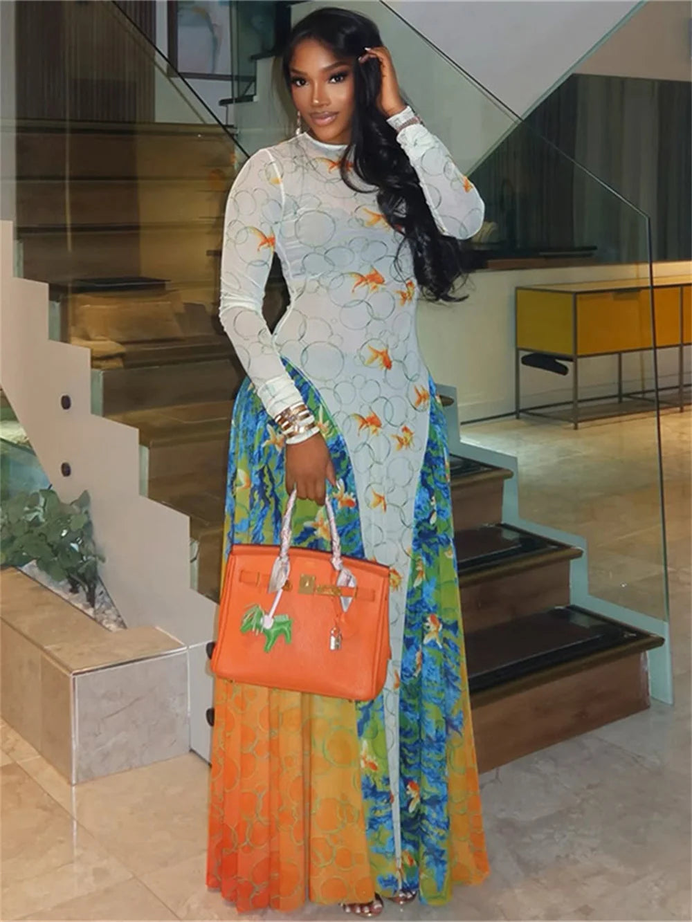 Goldfish Print Patchwork Dress Women Sexy See Through Long Sleeve Y2K Skinny Party Midnight Clubwear Party Vestidos