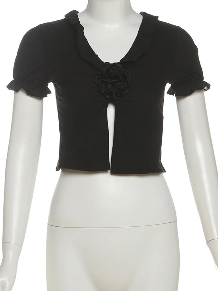 Sexy Ruched 2-Piece Set Women 3d Flowers v-Neck Slit Tank Tops+Tassels Skirts Midnight Hottie Hipster Summer Outfits