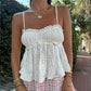 Beach Vacation White Eyelet Embroidery Cami Top Women Spaghetti Strap Ruffled Trim Peplum Flowy Casual Summer Top