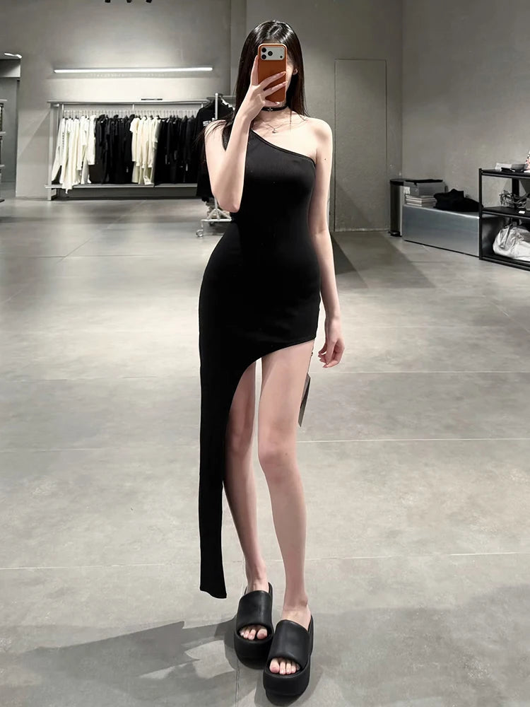 One-Shoulder Sleeveless Asymmetrical Hem Dress Women Solid Skinny Classic Sexy Midnight Hottie Summer Fashion Bodycon