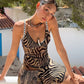 Sexy Leopard Slip Dress Women Mesh Irregular Stripe Print Patchwork Tierred Low Chest Skinny Hottie Clubwear Bodycon