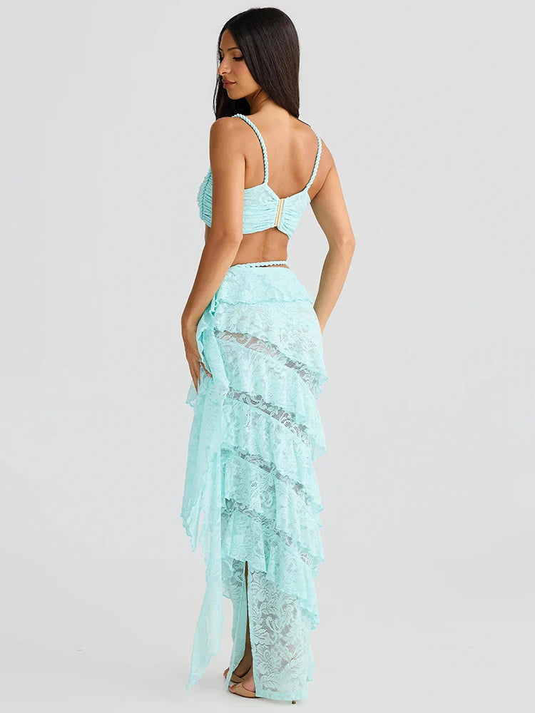Summer Lace Sexy Two Piece Sets Women Fashion Strapless Crop Tops And Maxi Skirt Female Elegant Beach Party 2 Piece Set