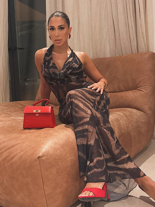 Halter Thin Sexy Dress Women Backless Sexy Sleeveless Summer Trend Leopard Print Midnight Party Clubwear Vestidos