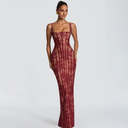 Floral Lace White Square Neck Sleeveless Maxi Dress Evening Party Dresses Woman Elegant Luxury