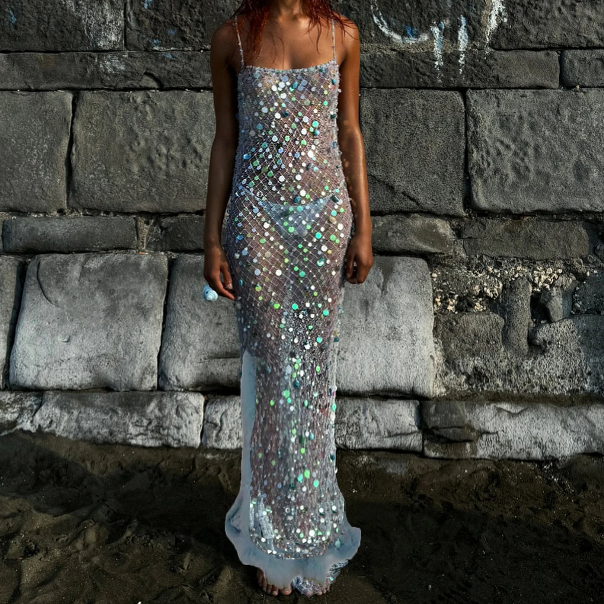 Chic Women Sequin Sheer Mesh Cover Up Dresses See Through Rhinestone Glitter Beach Dresses Summer Bikini Swim Coverups