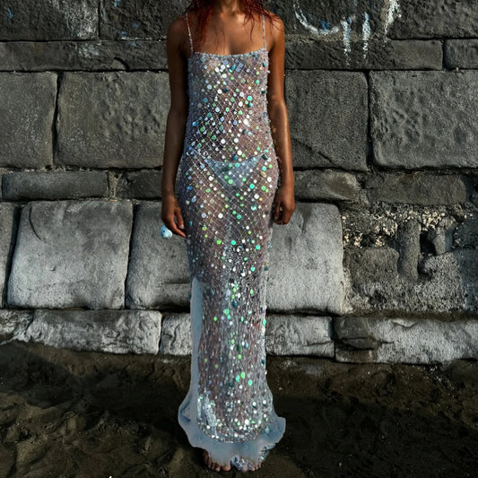 Chic Women Sequin Sheer Mesh Cover Up Dresses See Through Rhinestone Glitter Beach Dresses Summer Bikini Swim Coverups