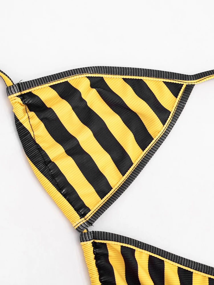 Street 3 Piece Women Striped Print Sexy Hottie Low-Neck Short Sleeve+Halter Bandages Tank Top+Bike Short Fashion Suit