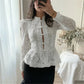 Vintage Sheer Floral Lace Shirt Women Stand Collar Chinese Knot Buttons Puff Sleeve Peplum Slim Fit Casual Street Blouse