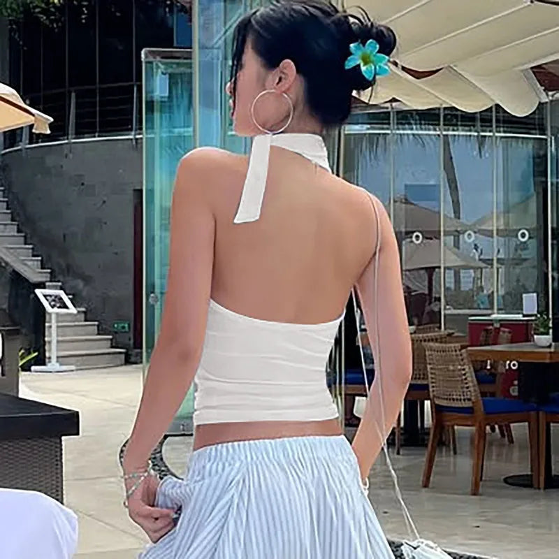 Lace Up Halter Crop Top Sexy Summer Clothes for Woman Solid Color Tanks & Camis