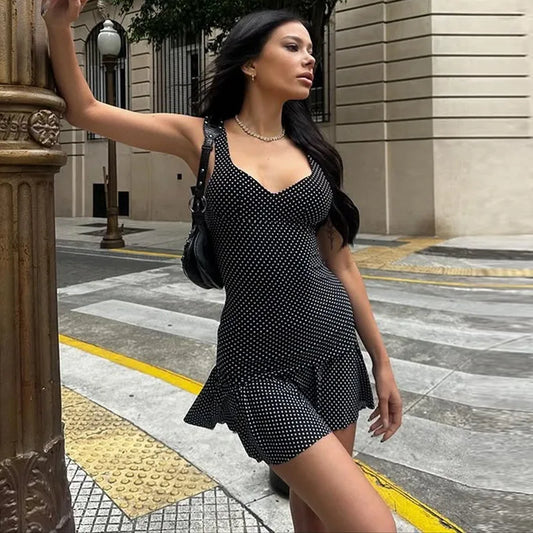 Polka Dot Print Sleeveless Top and Mini Skirt Sets Woman 2 Piece Outfit French Retro Summer Matching Set