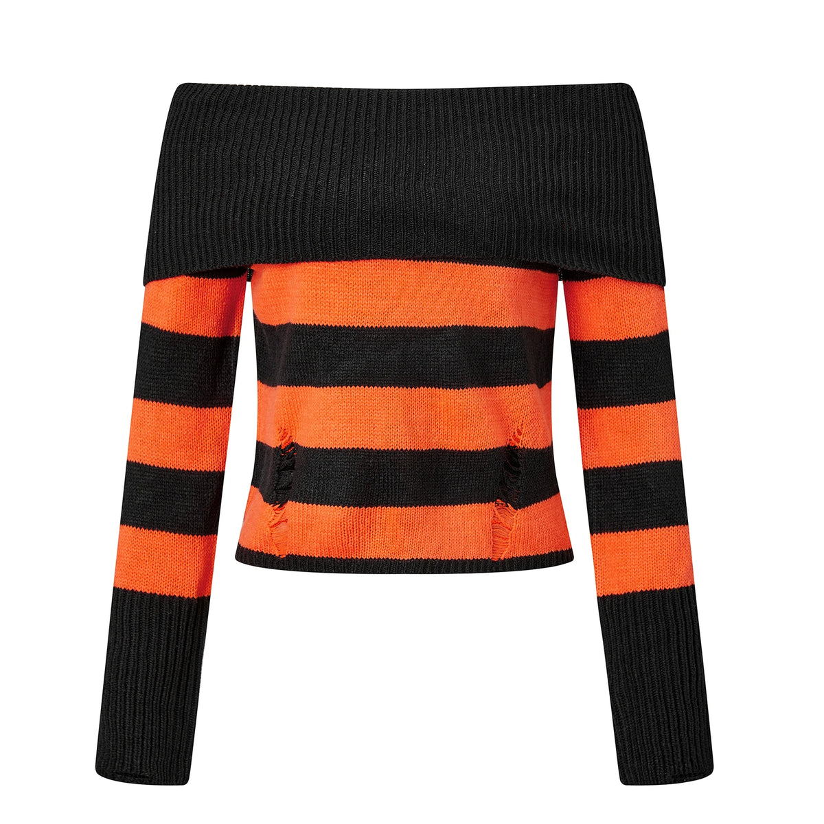Women Off Shoulder Striped Knit Sweater Long Sleeve Distressed Ripped Hollow Out Loose Pullover Y2K Street Knitted Top