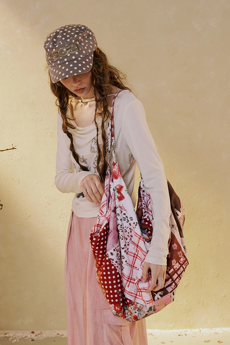 Women's Patchwork Mixed Print Canvas Shoulder Tote Bag with Adjustable Strap, Multi Pattern Large Casual Shopper Bag