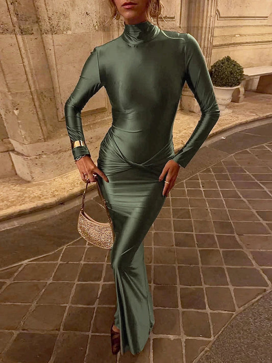 Turtleneck Silk Satin Maxi Dress Woman Full Sleeve Kink Waist Design Midnight Autumn Trend Prom Party Elegant Vestidos