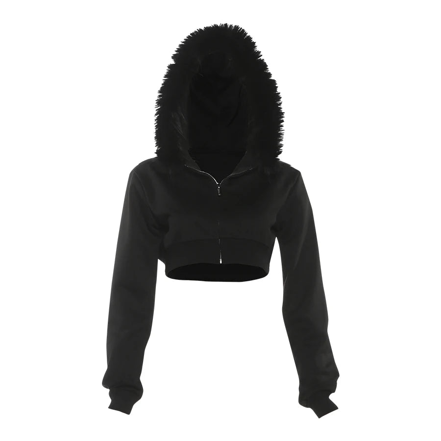 Furry Patchwork Jacket Women Hooded Autumn Trend Zip Super Short Full Sleeve Simple Wild Gothic Punk Street Club Coat