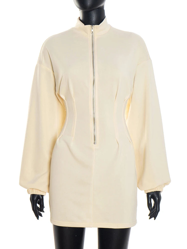 Hottie Autumn Trend Sweatshirt Dress Women Zip Stand Collar Peach Hip Simple Daily Fashion Sporty Street Slim Bodycon