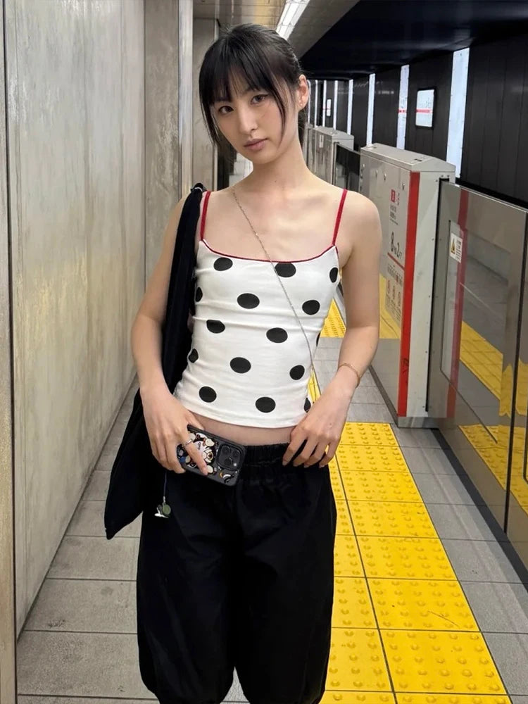 Polka Dot Print Camisole Women Simple Classic Backless Low-Neck Stretch Skinny Summer Street Daily Hottie Tank Tops