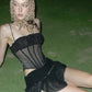 Mesh See Through 2 Piece Set Women Sexy Backless Camisole+Contrast Patchwork Ruched Skirts Hot Girls Wild Style Suits