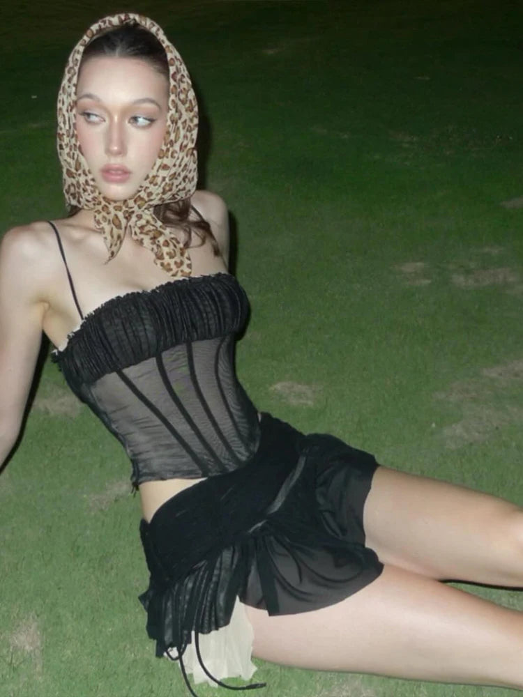 Mesh See Through 2 Piece Set Women Sexy Backless Camisole+Contrast Patchwork Ruched Skirts Hot Girls Wild Style Suits