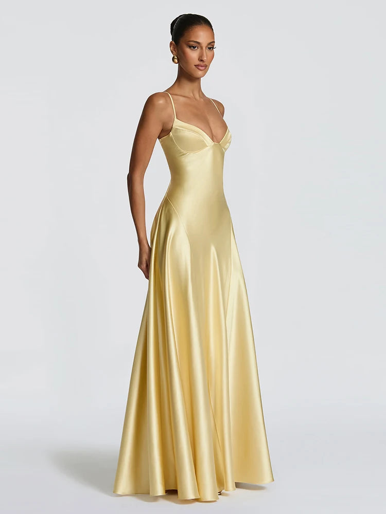 Folds Vacation Chic Satin Maxi Dress Women Low-Neck Sleeveless Skinny Elegant Birthday Party Summer New Trend Vestidos