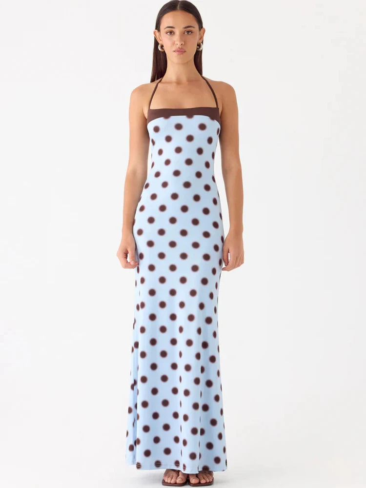 Polka Dot Backless Sexy Maxi Dress Women Elegant Halter Off-shoulder Sleeveless Bodycon Club Party Long Dress Female