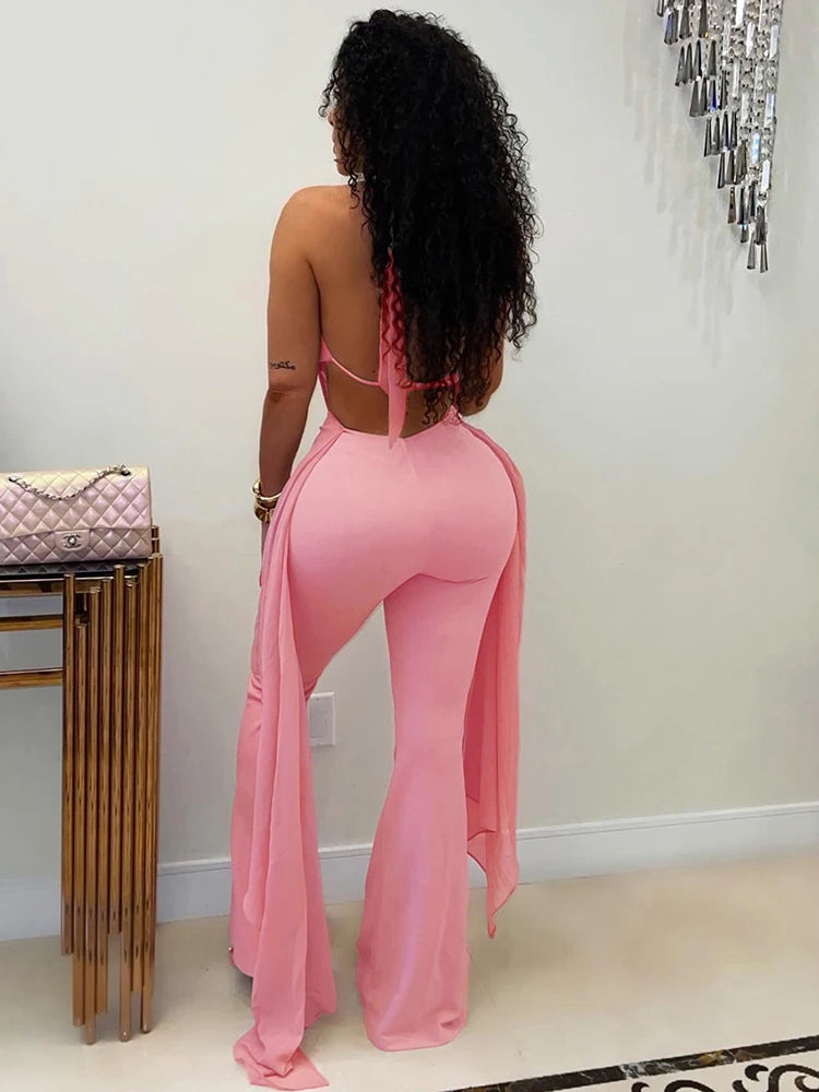 Backless Halter Jumpsuit Women Fashion Simple Bandages Ruched Mesh Ribbon Patchwork Sleeveless Chic Party Streetwear