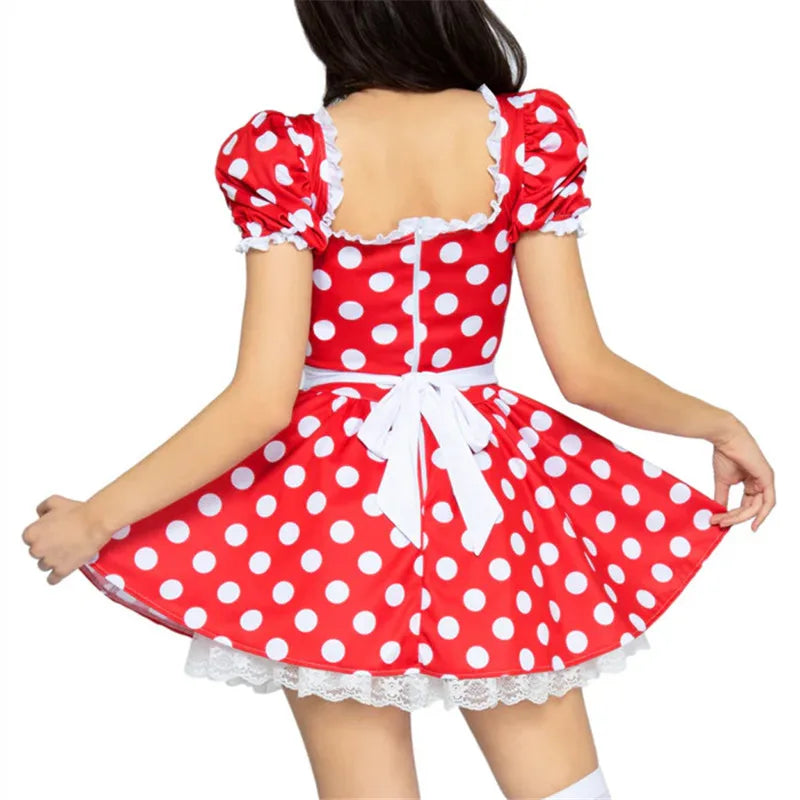 Women Polka Dot Fancy Dress Red Puff Sleeve Lace Edge Mini Dress Back Bow Carnival Party Cosplay Costume