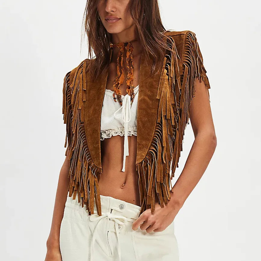 Women's Bohemian Fringe Suede Vest Open Front Cropped Sleeveless Fringe Jacket Western Cowgirl Vintage Streetwear