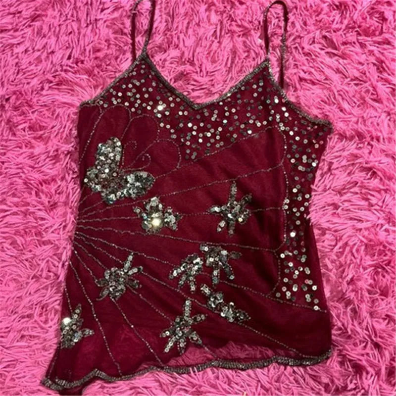 Sexy Sequin Slim Fit Irregular Strap Tank Crop Tops Versatile Sexy Hot Girl Summer Mesh See Through Sleeveless Tee Shirt