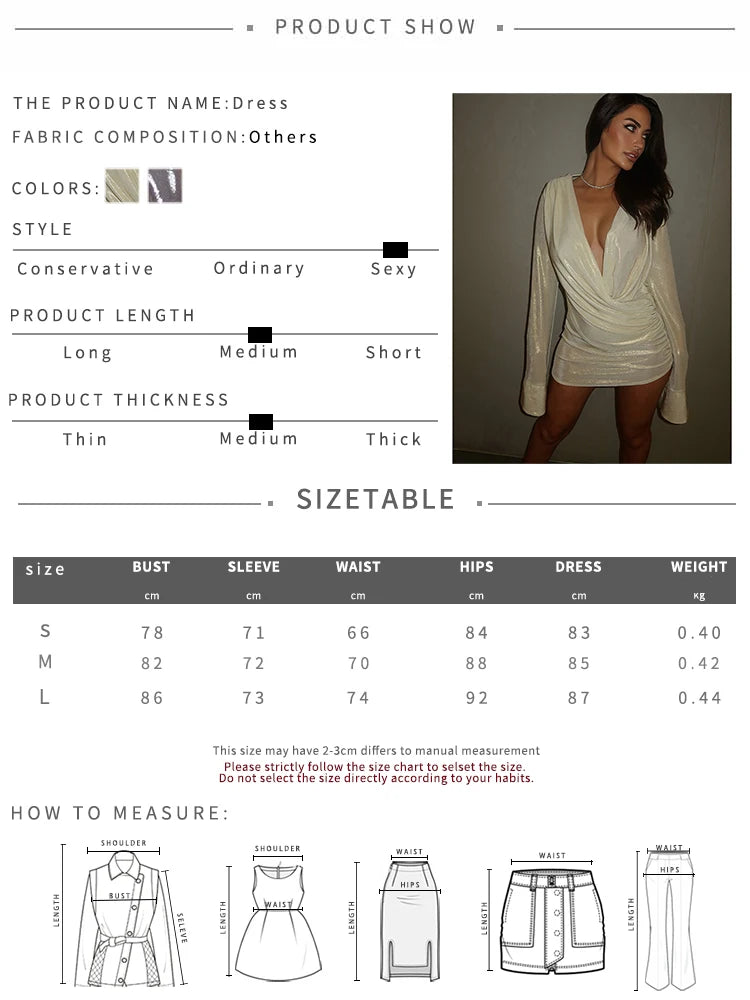 Full Sleeve Mini Dress Woman Autumn Trend Folds Deep V-Neck Backless Sexy Shiny Midnight Club Party Fashion Mini Bodycon