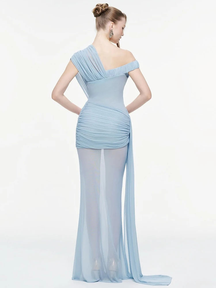 Irregular Collar Maxi Dress Women See Through Hem Folds Tassel  Skinny Birthday Party Summer Fashion Classic Vestidos