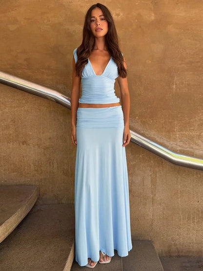 Women 2 Piece Outfits Sleeveless Deep V Ruched Crop Top High Waist Maxi Skirt Matching Set Vacation Club Party Dresses