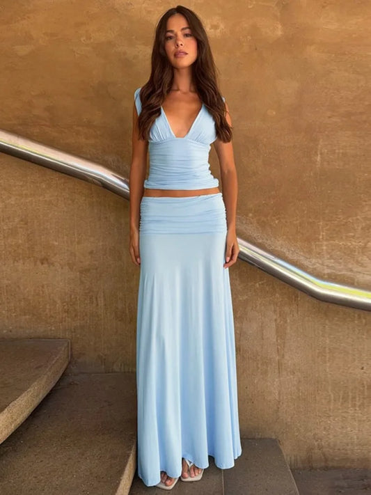 Women 2 Piece Outfits Sleeveless Deep V Ruched Crop Top High Waist Maxi Skirt Matching Set Vacation Club Party Dresses