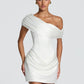 Women Satin Sexy Mini Dress Off Shoulder Draped Corset Bodycon Dress Ruched Wedding Guest Cocktail Party Evening Dress