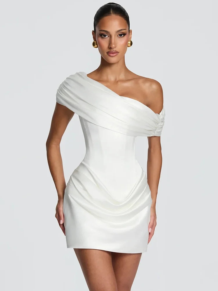 Women Satin Sexy Mini Dress Off Shoulder Draped Corset Bodycon Dress Ruched Wedding Guest Cocktail Party Evening Dress