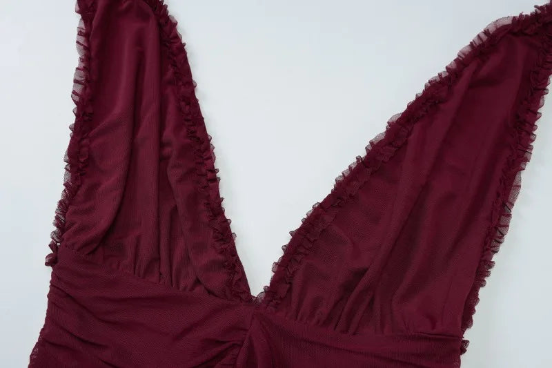 See Through Mesh Patchwork Sexy Party Dresses Burgundy Black Deep V Neck Backless Fishtail Maxi Dress