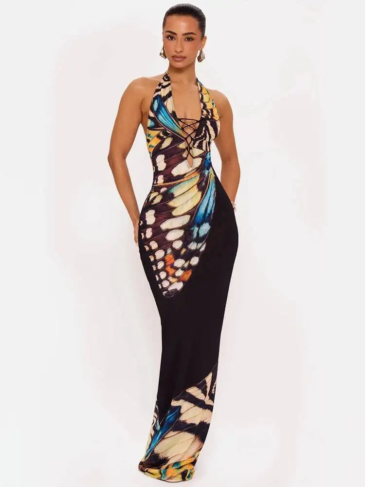 Women Butterfly Print Halter Maxi Dress Deep V Neck Bodycon Long Dress Sleeveless Backless Evening Party Club Dresses