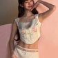 Sweet Patchwork 2-Piece Set Women Floral Print Irregular Hem Camisole+Lace Elastic Waist Skirt Summer Fashion Suit