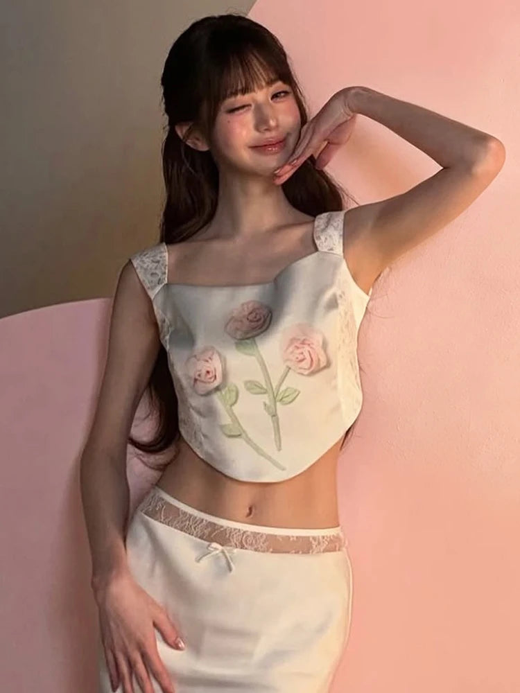Sweet Patchwork 2-Piece Set Women Floral Print Irregular Hem Camisole+Lace Elastic Waist Skirt Summer Fashion Suit