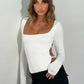 Square Neck Cutout Backless Bodysuits Women Sexy Long Sleeve Tops Black White Tees Trending