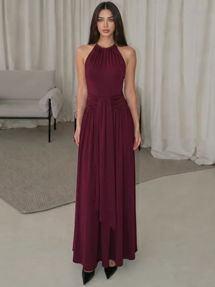 Women Halter Neck Sexy Maxi Dress Sleeveless Ruched Waist Draped Long Dress Elegant Evening Party Wedding Guest Dresses